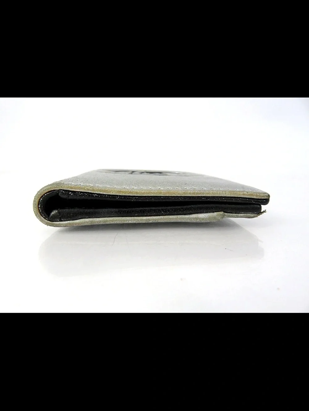 CHANEL Silver Card Case with Black Interlocking CC